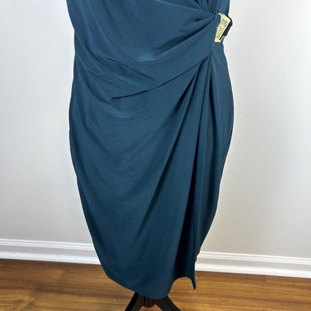 Anne Klein Dress Womens 10 Green Teal Faux Wrap V-Neck Short Sleeve Sheath Midi - Picture 3 of 10